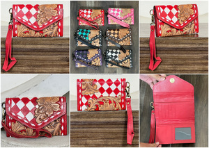 2026 Premium Cowgirl Handcrafted Tooled Checkered Leather Wristlet Wallets Genuine Leather Floral Clutch <b>Purse</b> RFID Card Holder - Product Image 3
