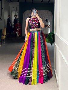 Designer Printed Design With Gota Patti Detailing And Mirror Work Rayon Navratri Special Lehenga Choli Ready To Wear <b>Set</b> - Product Image 4