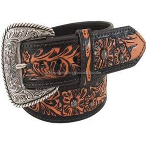 Enuine-Cinturón de cuero OLED tallado a mano, cinturón occidental de herramientas con diseño de flores personalizadas, hebilla de latón - Product Image 4