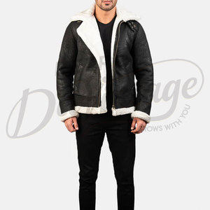 Chaqueta de Aviador de Cuero Negra Premium para Hombre, Forrada con Piel Sintética Blanca Cálida, Chaqueta de Motero de Piel de Oveja, Prenda Exterior Elegante para Invierno - Product Image 4