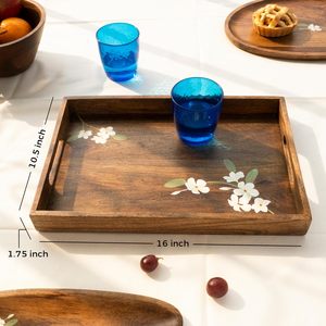 Plateau de service rectangulaire Art Déco artisanal en bois avec incrustation florale blanche pour le service du café, du thé et des collations - Product Image 6