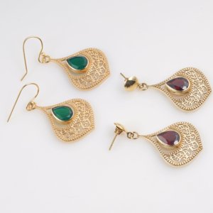 <b>Gold</b> Plated Green Onyx Filigree <b>Dangle</b> <b>Earrings</b> Pear Shape Gemstone Boho Vintage Statement Jewelry for Women - Product Image 5