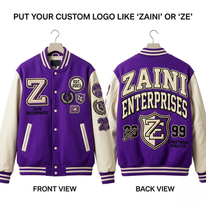 ZAINI Premium <b>Men</b> Varsity <b>Jacket</b> 390 GSM Cotton Blend Fleece Windproof Autumn Purple <b>White</b> Contrast Panels Custom Logo Chenille - Product Image 1