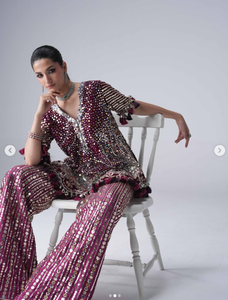 Elegant <b>Maroon</b> Glitter Print Silk Satin Salwar Kameez Women Traditional Wedding Wear India Pakistan Regular Fit Crop Reversible - Product Image 1