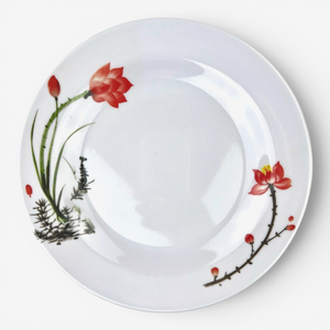 Juego de Vajilla de Melamina Zen Asiática Tradicional, 4 Platos Redondos Planos, Tazón con Diseño de Plantas, Color Rojo Pigmentado, Apto para Lavavajillas, para Fiestas - Product Image 4