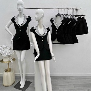 Conjunto de Blazer Negro Tejido para Mujer con Cuello Peter Pan de Encaje, Manga Corta, Botones Fruncidos, Estilo Casual, por Encima de la Rodilla, Color Liso, para Primavera y Verano - Product Image 2
