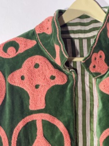 Handmade Green Velvet Mushroom & Peace <b>Sign</b> Embroidered Jacket – Boho Yin Yang Festival Coat | Unisex Hippie Outerwear - Product Image 6