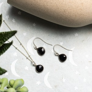 Black Onyx Peace Dangle Drop <b>Earrings</b> Necklace Set 925 Sterling Silver Satellite Chain Elegant Wedding Jewelry - Product Image 2