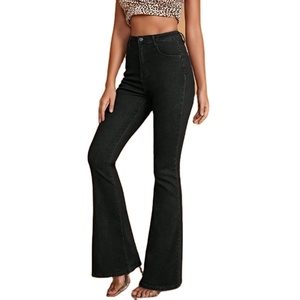 Vaqueros de mujer personalizados, vintage, negros, elásticos en la cintura, ajustados, acampanados, con corte de bota, azul oscuro, rasgados, de mezclilla lavada, para verano y otoño. - Product Image 1