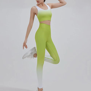 Gradient Color Yoga Set Women 2 Piece Seamless Crop Top High Waist Leggings Full Length Breathable Spandex Polyester - Product Image 4