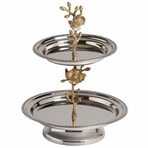 Modern Design <b>3</b> <b>Tier</b> <b>Cake</b> Platter Polished Stainless Steel & Gold Tone Metal Serving <b>Stand</b> Buffet Display Tray With Handle - Product Image 4