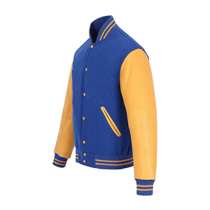 Chaqueta universitaria unisex azul y amarilla, cuerpo de lana con mangas de cuero, cuello y puños a rayas, logotipo personalizado, estilo béisbol. - Product Image 1