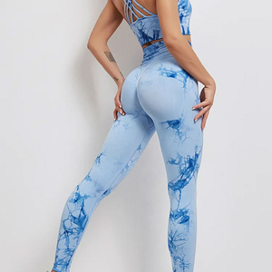 Women's Blue <b>Tie</b> Dye Yoga Set High Waist Leggings Crisscross <b>Back</b> Sports Bra Full Length Activewear Sublimation Print - Product Image 5