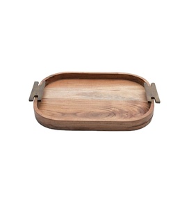 Wholesale Price Wooden Serving Tray With Metal Handles Large Rectangular Kitchen Organizer Tray Food Serving Platter - Product Image 1