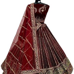 Clásico boda terciopelo Lehenga Choli con Gajraj bordado Zari mano espejo diseñador suave red Dupatta colección para novias - Product Image 1