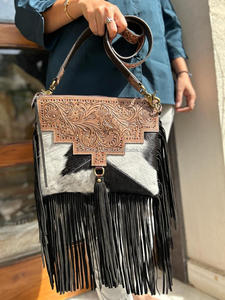 Hot Sale Designer Hand Tooled Carving Leather Fringe Tote Bag Stylish Purse Cowhide Fur Leather Bags for Women's Multi Use - Product Image 6