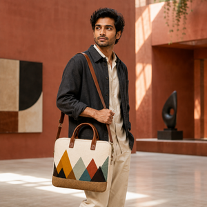 Mochila Geométrica para Estudiantes, Diseño Clásico Ecológico y Duradero con Material de Yute y Lona para la Universidad y la Oficina - Product Image 1