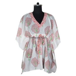100% Cotton Women Sleepwear Hand Block Printed Kaftan Dress KFCS107 Light Weight Women Casual Occasion Wear Short Caftan Dress - Product Image 4