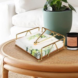 Gold napkin holder acrylic <b>flat</b> guest towel tray clear tissue <b>box</b> dispenser square tabletop paper napkin storage basket caddy - Product Image 1
