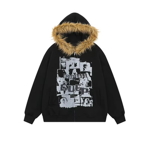 Sudadera con capucha unisex de invierno con cremallera, estilo grunge rock, con capucha de piel sintética, estilo oversize vintage, ropa urbana con logo frontal y tejido de punto. - Product Image 4