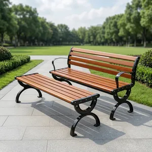 Outdoor Wooden <b>Garden</b> <b>Bench</b> with Matching Footrest Cast Iron Frame Patio Lawn Park Seating Furniture <b>Set</b> - Product Image 1