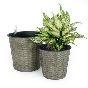 Set di 2 Vasi Decorativi Rotondi in Vimini Grigio con Sistema di Auto-Irrigazione per Interni ed Esterni - Product Image 1
