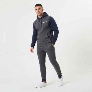 Ensemble de survêtement gris et bleu marine à capuche pour homme, sweat-shirt décontracté à manches longues avec logo sur le devant et poches latérales, vêtements d'automne - Product Image 5