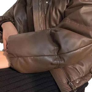 Veste matelassée en PU marron, col montant, fermeture éclair, manteau d'hiver épais, style décontracté, coupe courte ample, coupe-vent, unisexe - Product Image 4