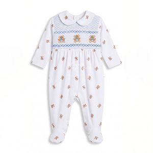 Mono de bebé clásico con volantes, 100% algodón, con pies, estampado de oso de peluche, manga larga para niños, venta al por mayor - Product Image 1