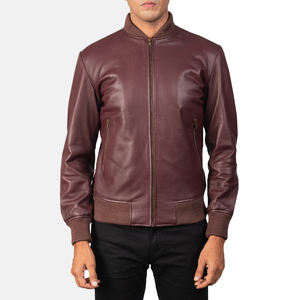 Chaqueta bomber de cuero burdeos para hombre con cuello y puños acanalados, cremallera premium, chaqueta de cuero genuino clásica y elegante para hombre - Product Image 4