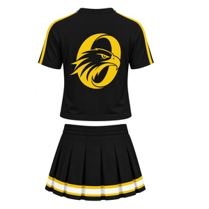 Ensemble uniforme de cheerleading imprimé noir et jaune pour adultes, chemise à manches courtes, jupe plissée, tenue de sport d'équipe pour entraînement et performance - Product Image 2