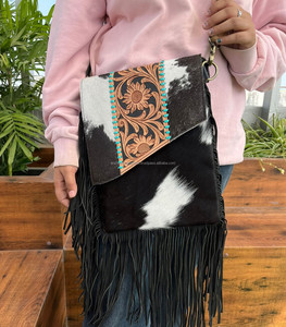 Western Hair on Genuine Leather Fringe Crossbody Bag Women Tooled Leather Concealed Carry Carved Leather Cowhide Purse - Product Image 3