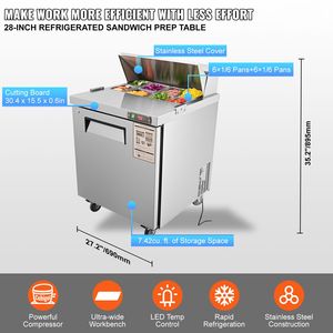 7,42 Cu. Tavolo refrigerato commerciale per preparazione insalate, 28 pollici, con porta singola, in acciaio inox - Product Image 2