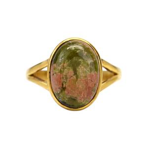 Anillo Fino Ovalado de Plata 925 para Mujer, 10x14mm, con Unakita Natural, Baño de Oro Vermeil y Rodio, Diseño de Banda Dividida con Engaste de Bisel, para Fiesta, Navidad - Product Image 1