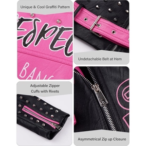 Pink Black Studded PU Leather <b>Biker</b> <b>Jacket</b> Asymmetric Zip Spiked Motorcycle <b>Jacket</b> for Women Streetwear - Product Image 4