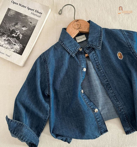 Chemise en jean pour garçon, manches longues, coton, couleur unie, col rabattu, détail patch, printemps automne, hauts pour enfants - Product Image 1