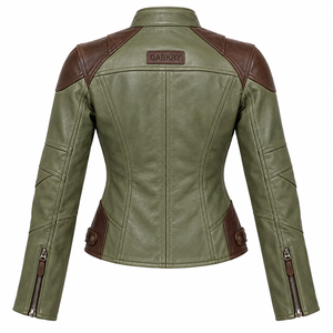 <b>Womens</b> Green <b>Brown</b> <b>Leather</b> <b>Jacket</b> Contrast Patchwork Stand Collar Biker Coat Zip Outerwear Slim Fit Custom <b>Women</b> Riding Apparel - Product Image 2