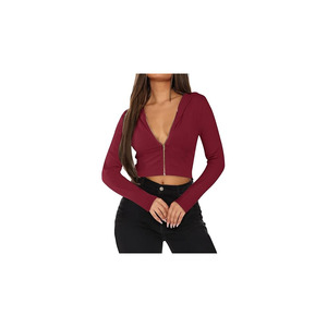 Ladies <b>Cropped</b> <b>Zip</b> Hoodie Rib Knit Slim Fit Long Sleeve Fashion Casual Top for women - Product Image 6