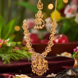 24K Gold Plated Bridal Jewelry Set Goddess Lakshmi Long Necklace with Jhumki Earrings - Product Image 3