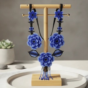 Conjunto de Joyería Artesanal con Cuentas Azules Florales, Hecho a Mano, para Mujer, Estilo Cultural, Elegante y a la Moda, Disponible al Mejor Precio - Product Image 2