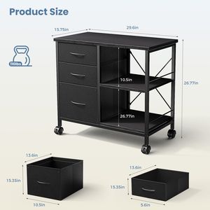 Mobiletto Portadocumenti in Legno con 3 Cassetti, Contenitore Laterale in Tessuto per A3/Letter, Supporto Mobile per Stampante con Ripiano Aperto - Product Image 2