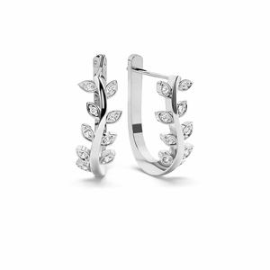 Pendientes de aro de oro amarillo de 14 quilates con diseño de hoja y diamantes, elegantes, de diseño natural, para mujer, para bodas y fiestas. - Product Image 3