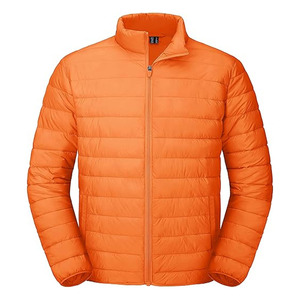 <b>Men's</b> Orange Lightweight Puffer <b>Jacket</b> Solid Color Stand Collar Zipper Closure Windproof Casual Autumn Wear - Product Image 1