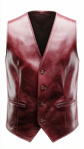 เสื้อกั๊กหนังผู้ชายคอวีสีพื้นติดกระดุม - Product Image 5