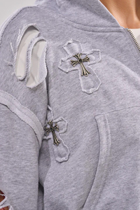 Conjunto de Sudadera con Capucha y Cremallera Gris Oversize, Pantalones de Pierna Ancha con Diseño de Corte, Ropa Unisex para Otoño, 100% Algodón Transpirable y Ecológico - Product Image 3