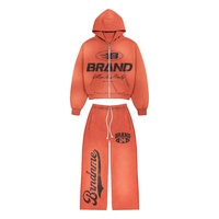 Survêtement à capuche oversize uni délavé à l'acide orange grande taille |   Pantalon de survêtement décontracté imprimé |   Polaire en coton épais pour l'hiver