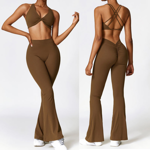 Women Sexy Brushed Butt Lift Stacked <b>Flare</b> <b>Leggings</b> Workout Fitness Yoga Pants Sports Twist Bra Set Outfit - Product Image 1