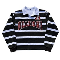 Kemeja Kancing Bergaris Bordir Kustom, Kaos Lengan Panjang Oversize Boxy, Kaos Lengan Panjang Thermal 100% Katun untuk Pria