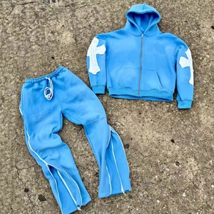 Blue Color Blocking Zip Up Hooded Tracksuit Set <b>Women</b> Y2K Streetwear Sweatshirt <b>Sweatpants</b> - Product Image 1