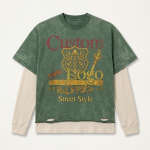 T-shirt Homme Vert Délavé à Effet Superposé, Imprimé Graphique Vintage, Ourlet Effiloché, Effet Deux Pièces, Coupe Oversize, Logo Personnalisé, Style Urbain - Product Image 3